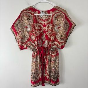 Cabi Silk Kimono Top Womens M Open Front Tie Red Paisley Print Y2K 90s Vibes